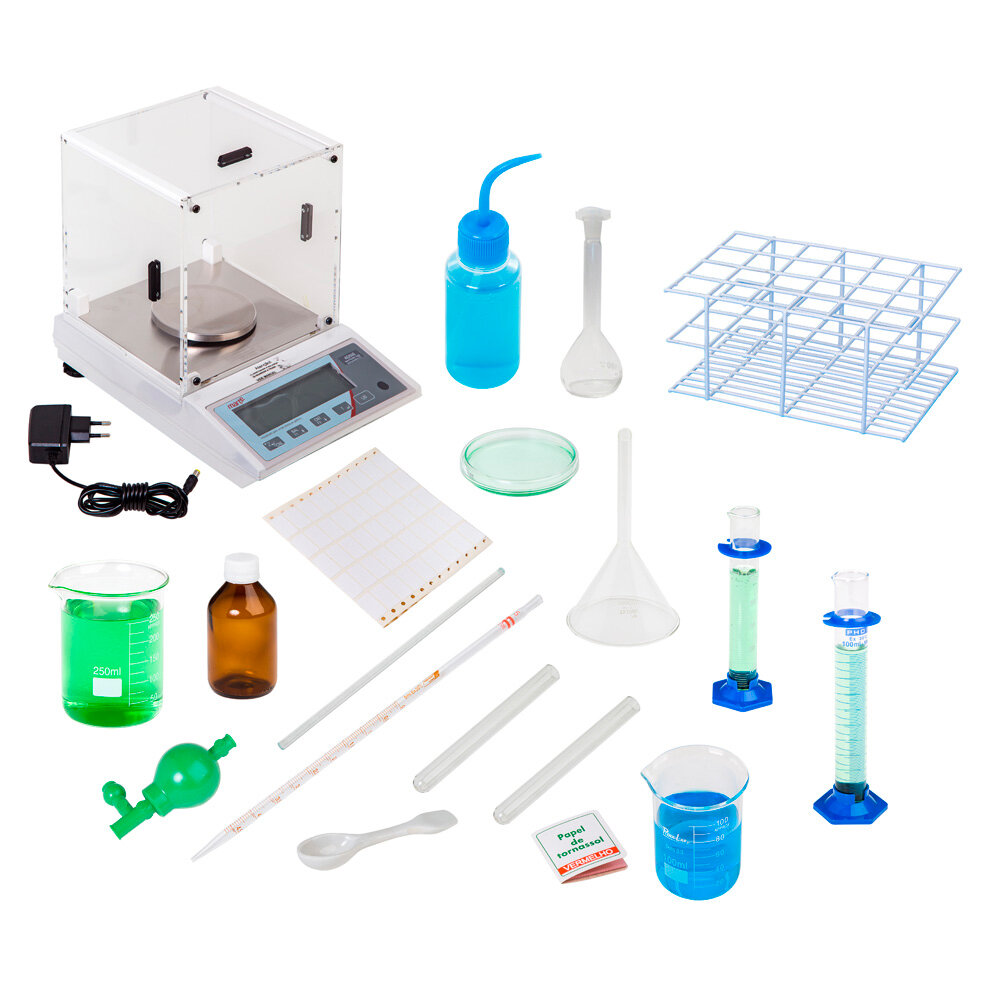 Conjunto soluções químicas, com balança digital